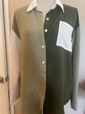 Colorblock Olive & White womens Button-Up over sized  blouse
